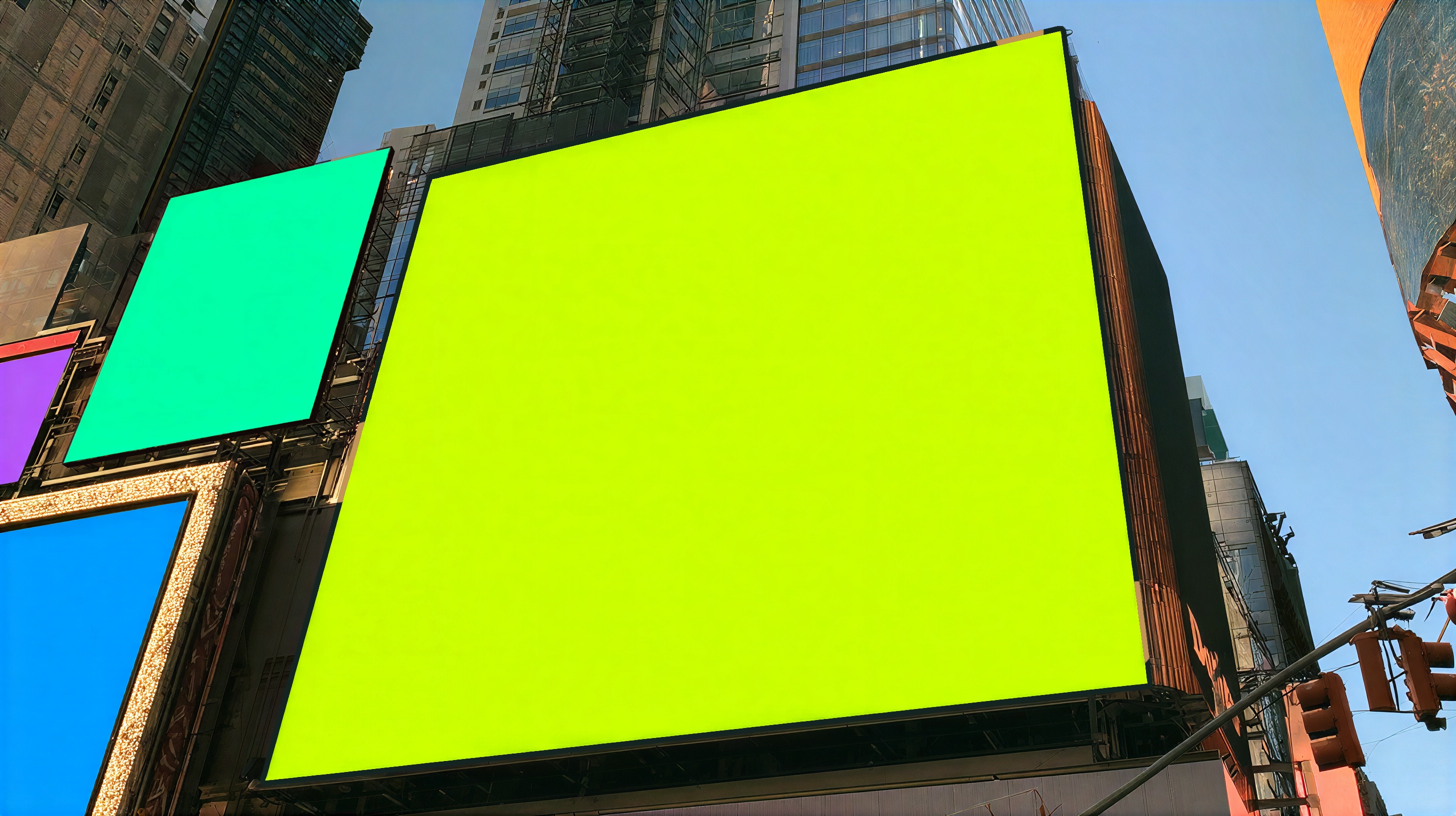 Looking up at a cluster of large screens between buildings